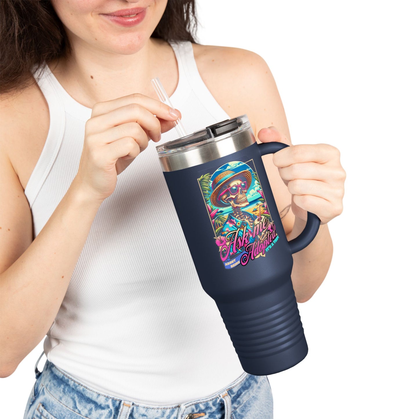 Ask Me About Being Adopted – Retro Travel Mug | Double-Walled Insulated Cup for Coffee, Road Trips & Advocacy Conversations