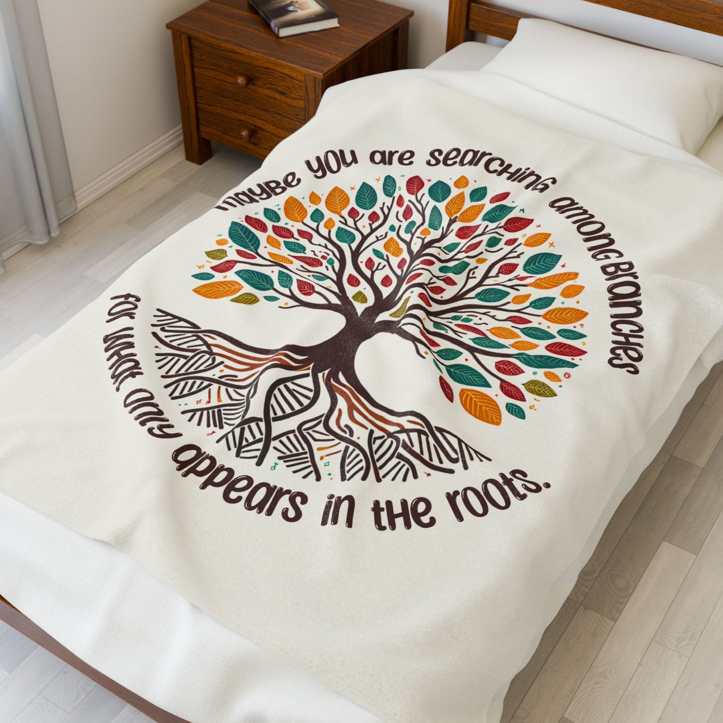 Inspirational Tree / Roots Motif Velveteen Plush Blanket  “Maybe You Are Searching Among Branches”