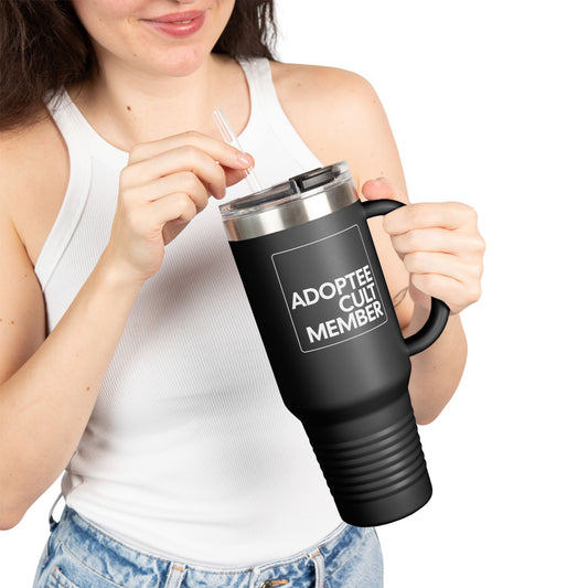 Adoptee Cult Member | 40oz Insulated Travel Mug with Handle | Disenfranchised Souvenirs Collection Retro Travel Mug | Double-Walled Insulated Cup for Coffee, Road Trips & Advocacy Conversations