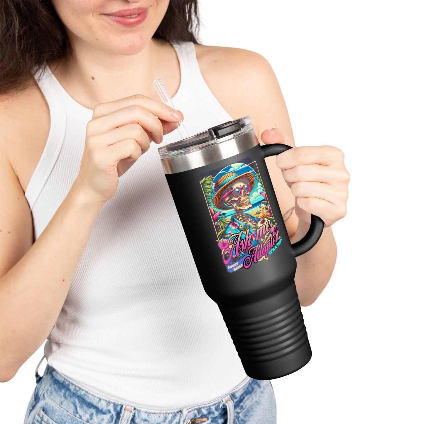 Ask Me About Being Adopted – Retro Travel Mug | Double-Walled Insulated Cup for Coffee, Road Trips & Advocacy Conversations